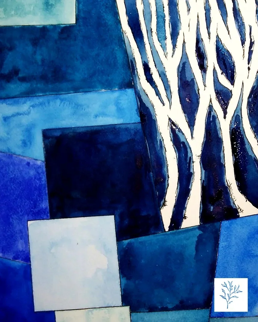 Azul em blocos, aquarela e nanquim em tons de azul