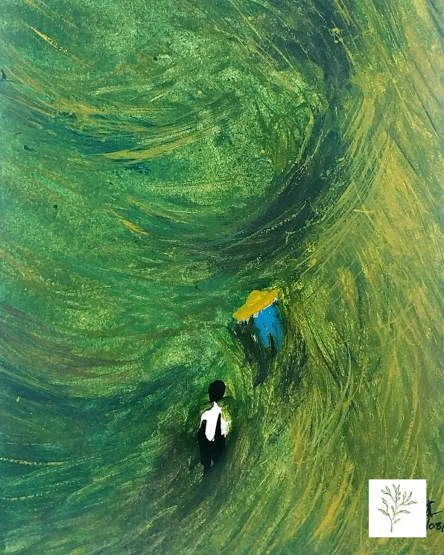 Caminho no verde, acrílica sobre tela em tons de verde com duas figuras caminhando