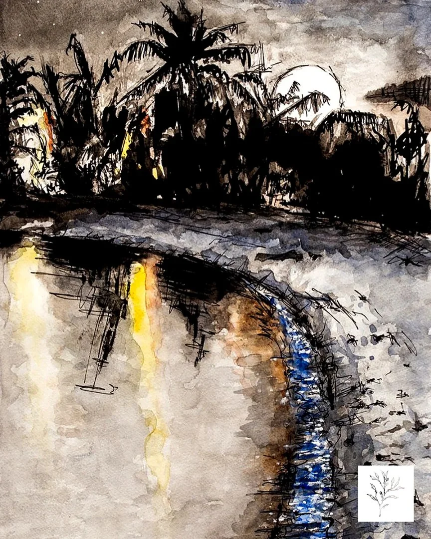 Lua entre palmeiras, aquarela e nanquim sobre papel